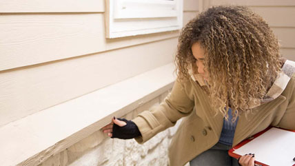 A woman holds a clipboard and inspects the exterior of a house.